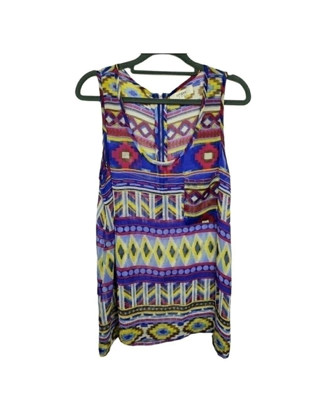 Umgee USA Womens Small Southwestern Aztec Tank Top Sheer Boho Pocket Zip Back S